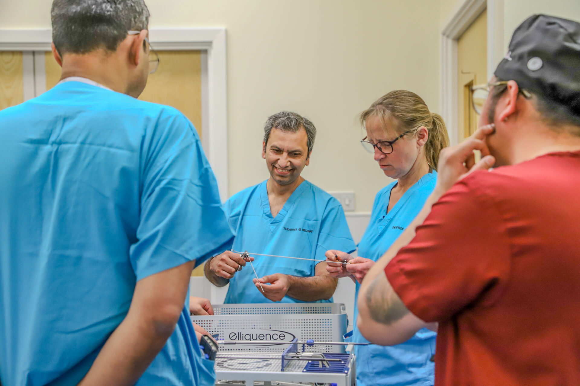 Consultant Mr Imran Rafiq tests some of Endoscopic Spinal Surgery is Equipment